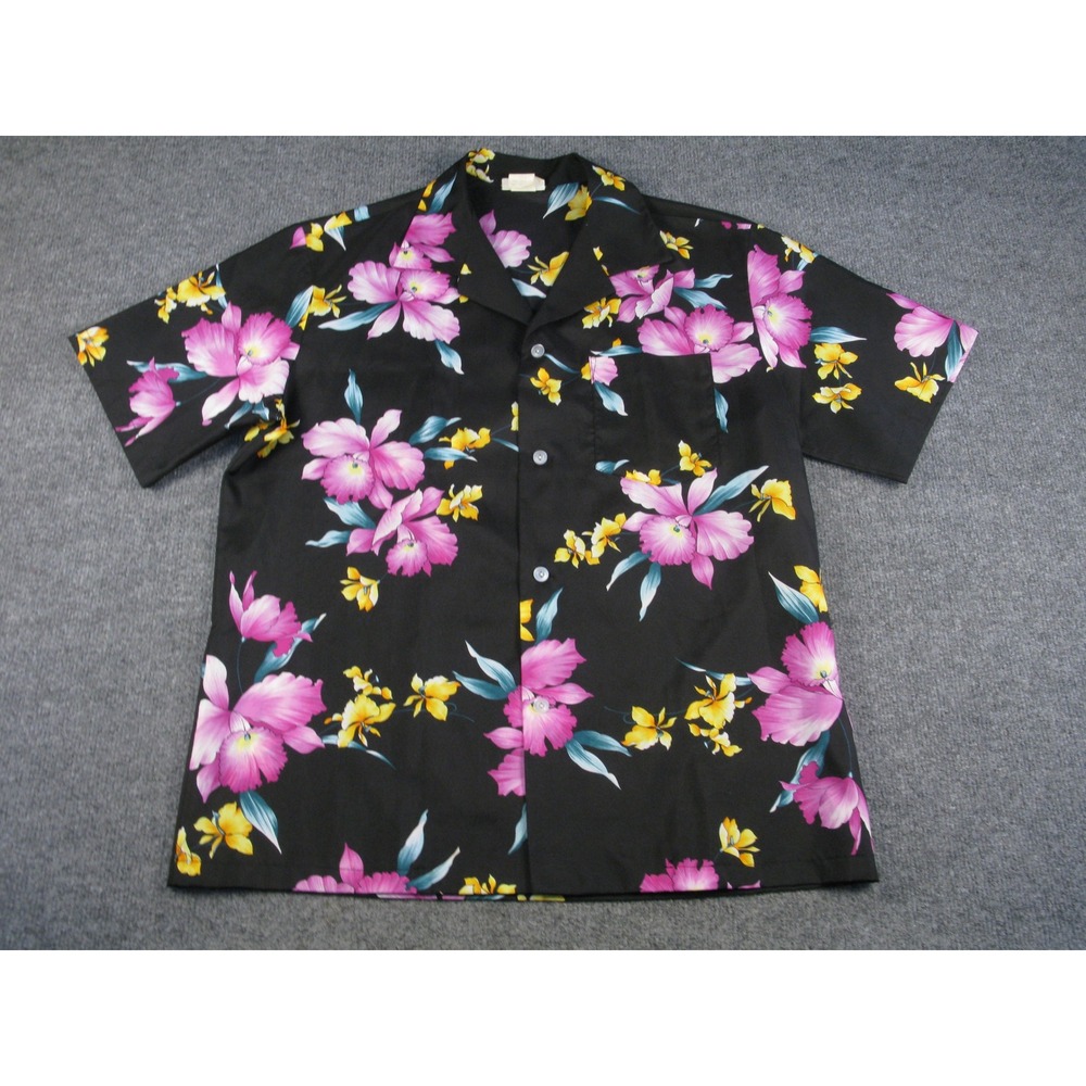 Aikane Hawaii Mens Floral Aloha Shirt Black Pink Orchid Tropical XL #2014